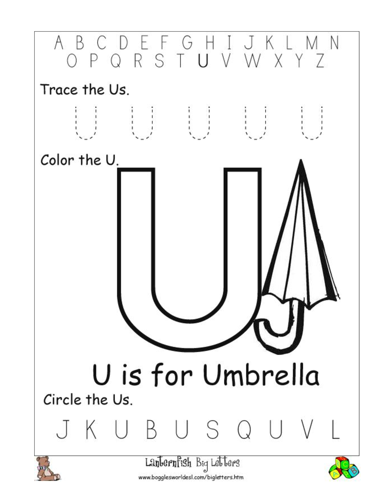 Alphabet Worksheet Big Letter U - Download Now Doc