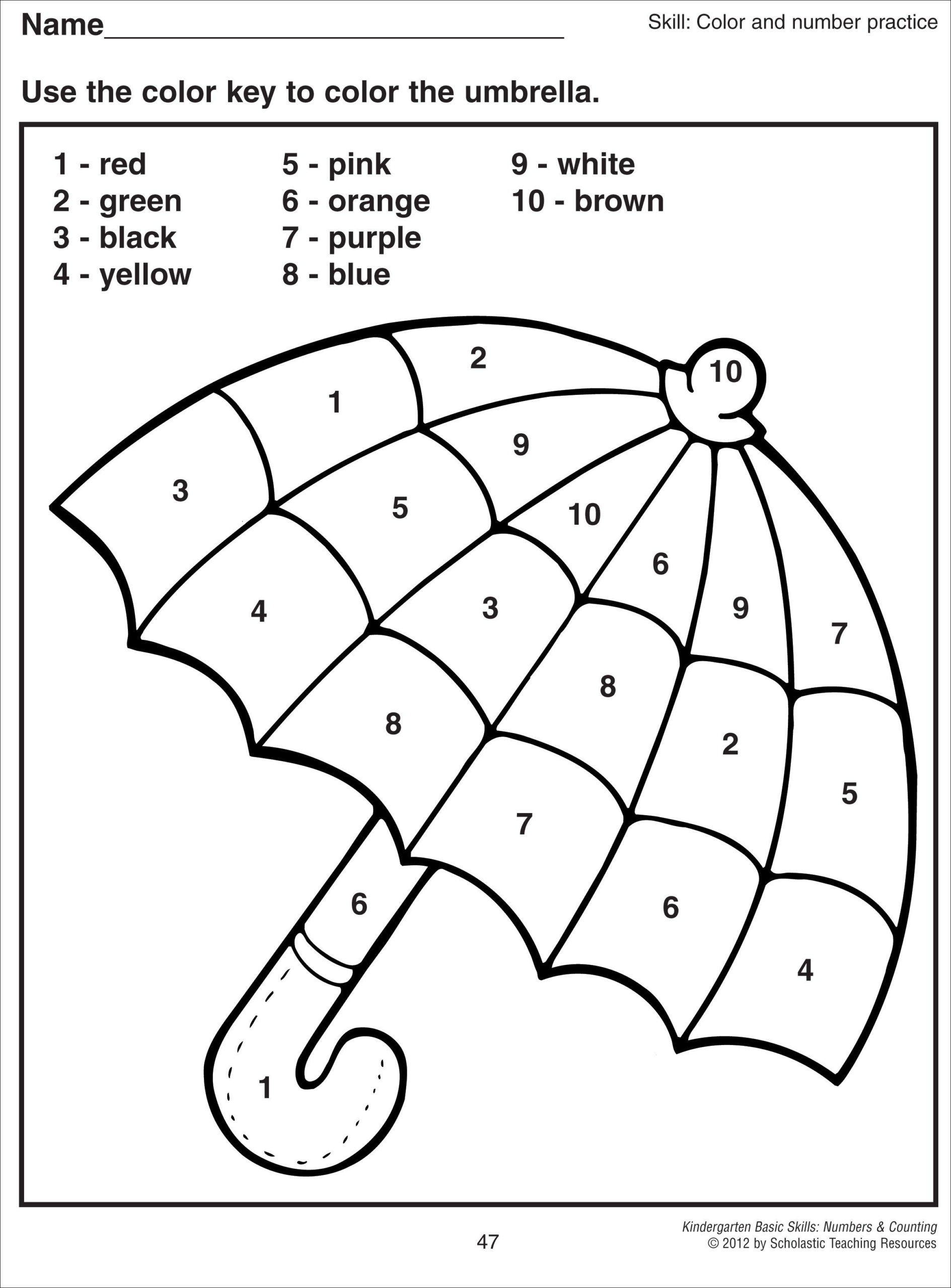 Colornumbers Umbrella | Kindergarten Coloring Pages