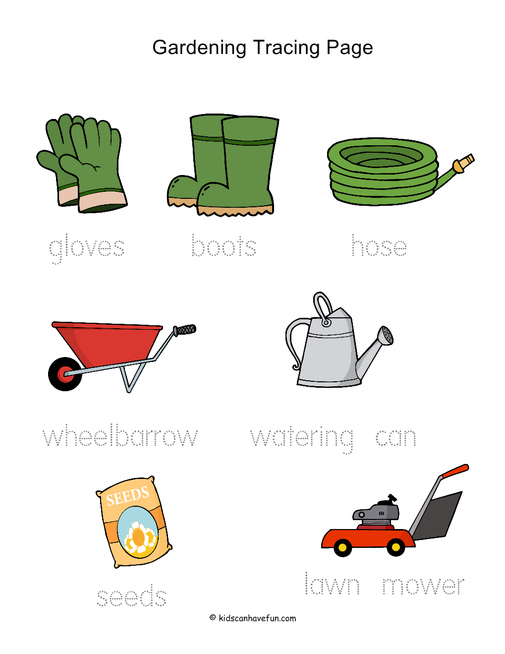 Gardening Tracing Worksheet | Garden Tool Storage, Garden