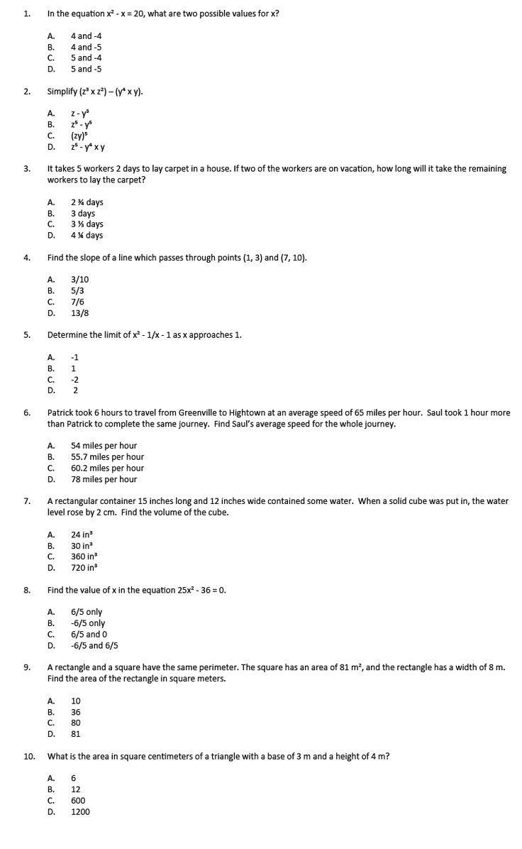 Ged Math Worksheets And Answers