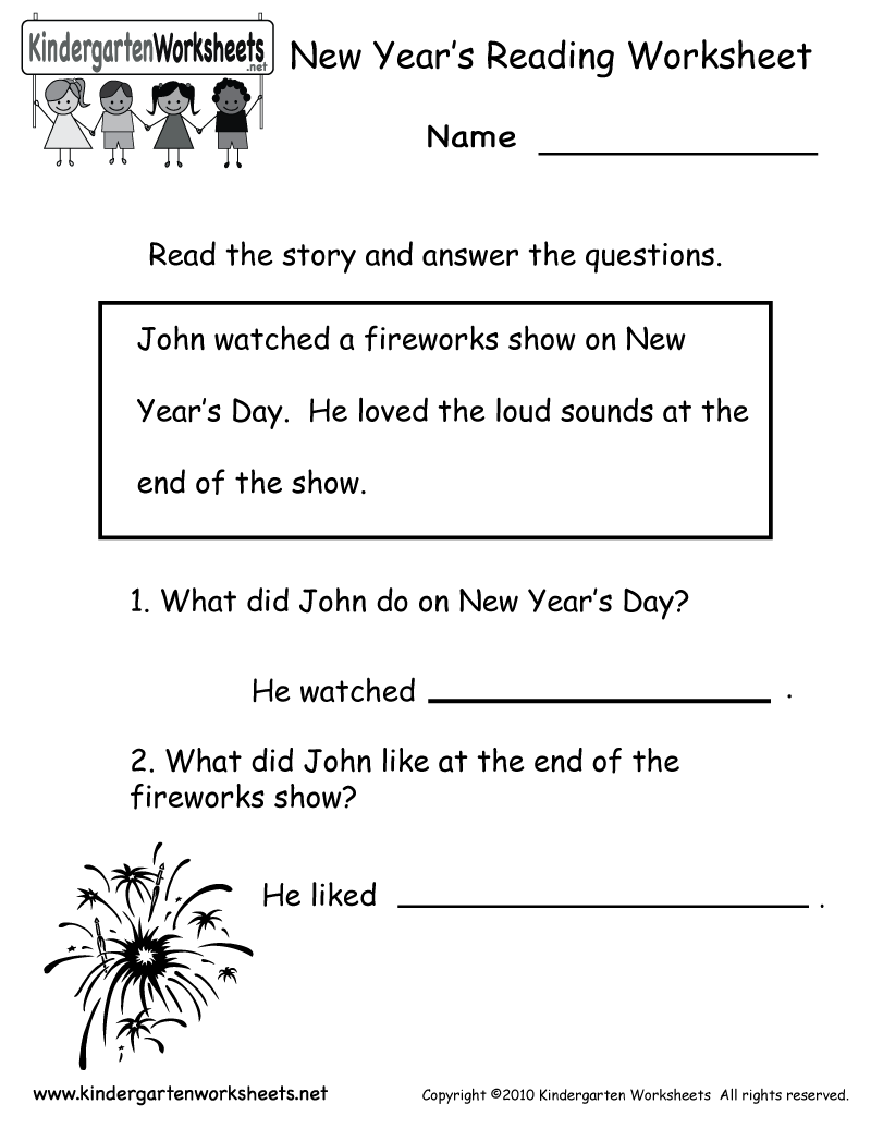 Kindergarten New Year&amp;#039;s Reading Worksheet Printable