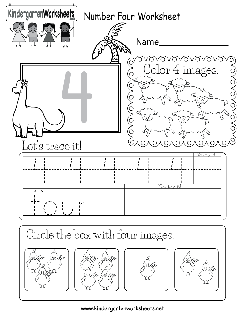 Number Four Worksheet - Free Kindergarten Math Worksheet For