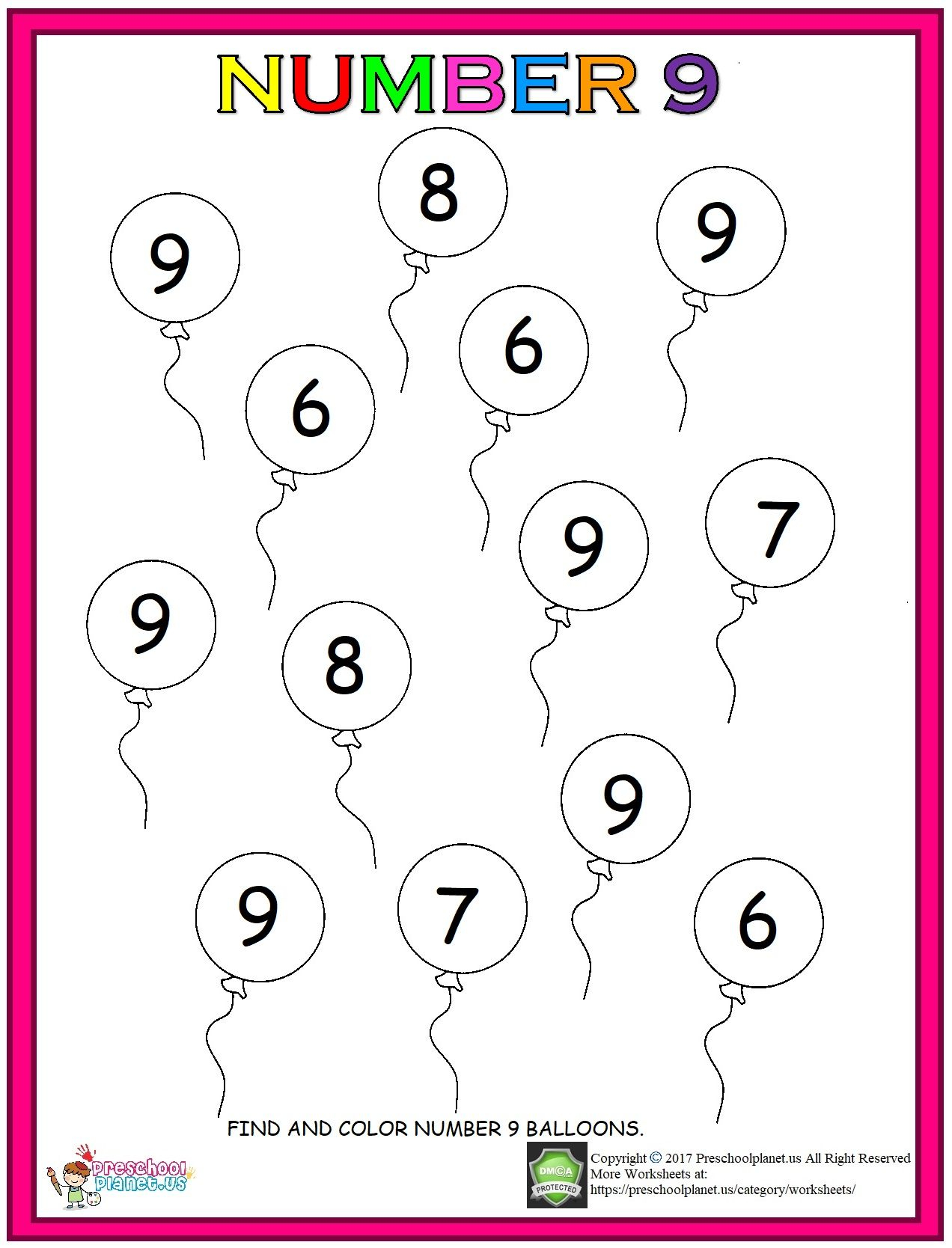 Number Nine Worksheet | Preschool Number Worksheets