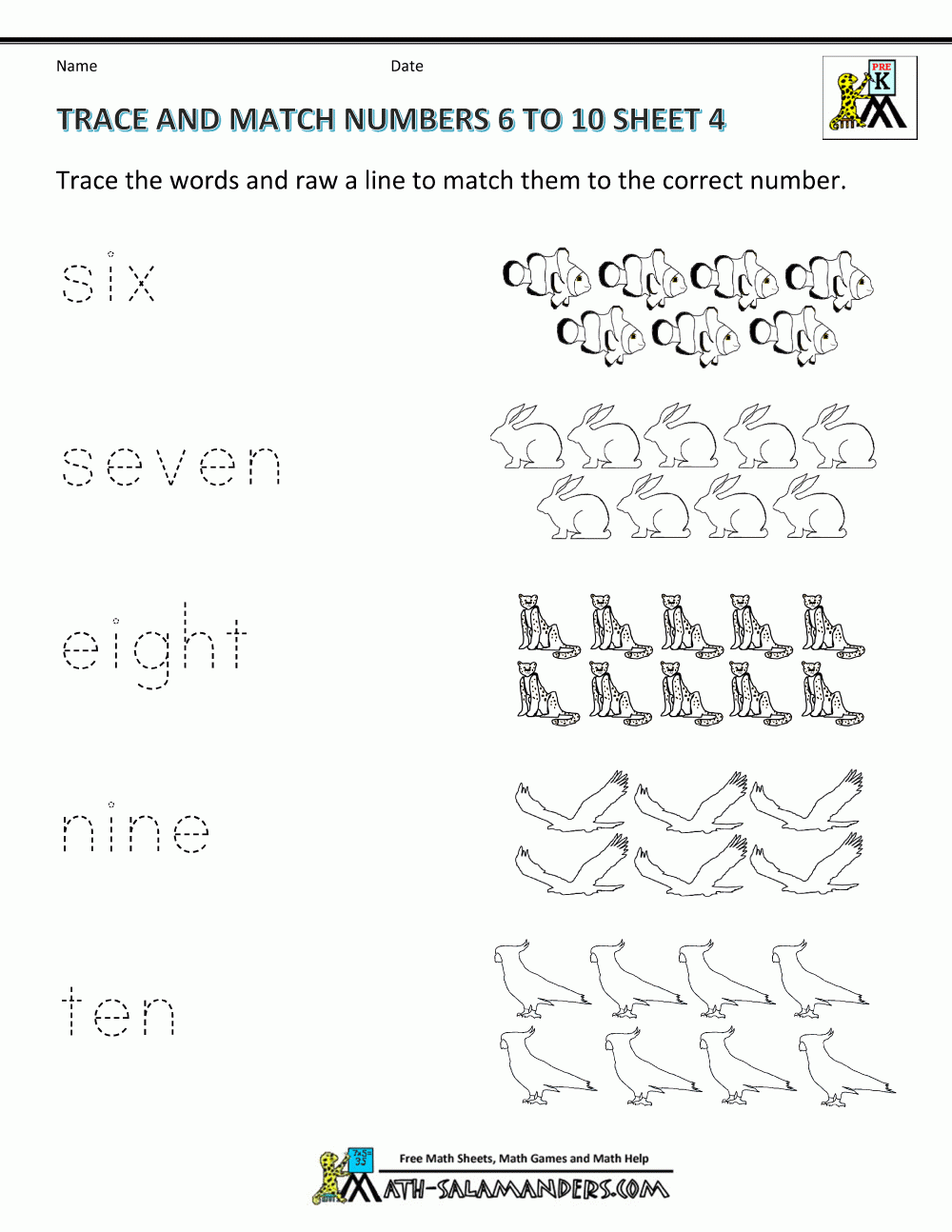 Pre K Math Worksheets - Matching 6 To 10
