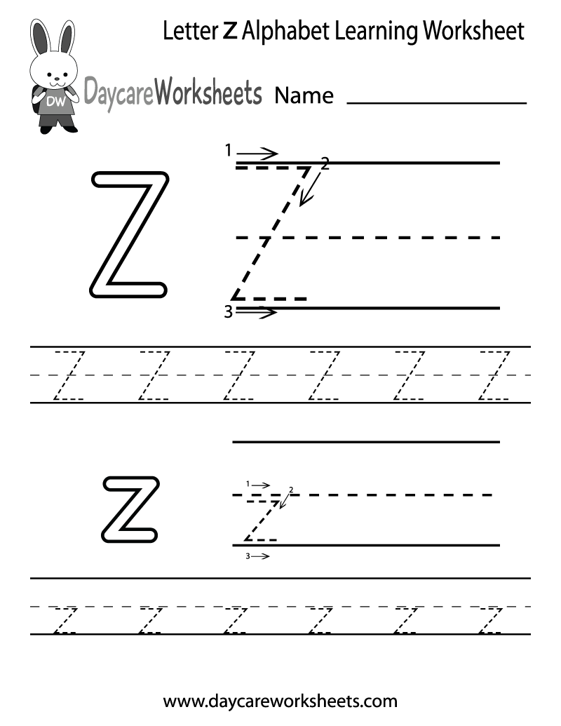 Preschool Letter Z Alphabet Learning Worksheet Printable