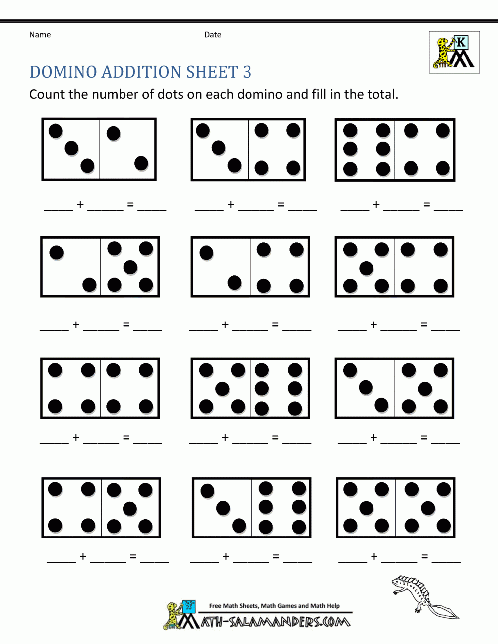 Printable Kindergarten Math Worksheets Domino Addition For